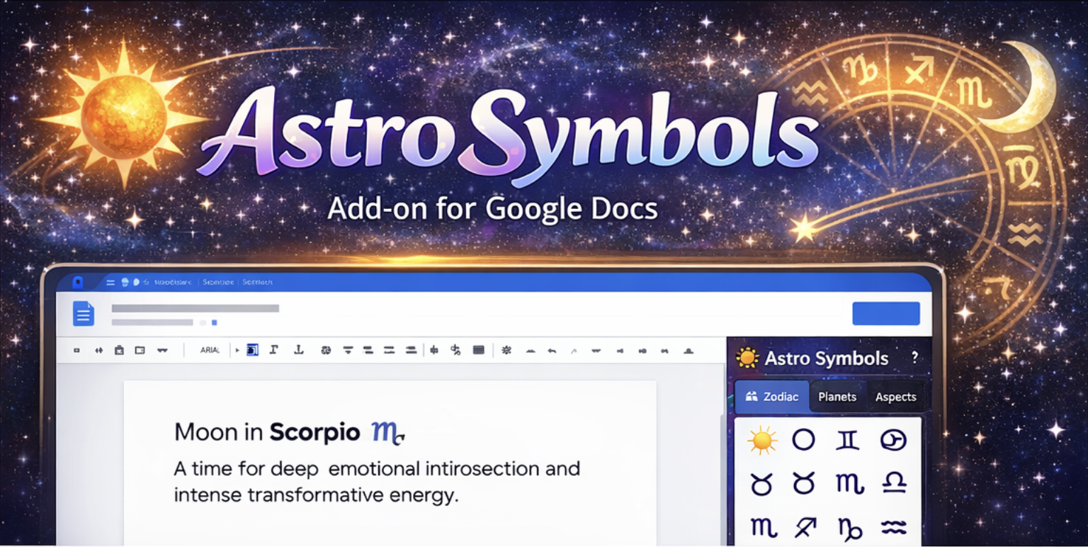 Astro Symbols promotional banner showing the Google Docs add-on UI